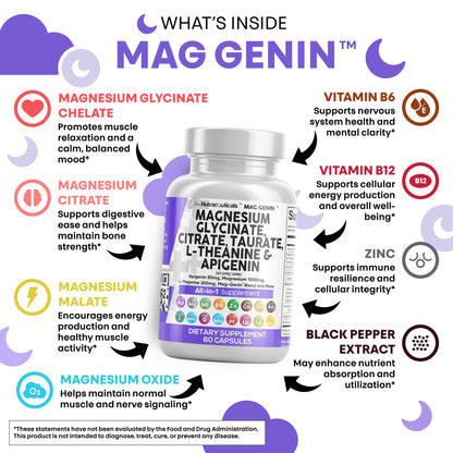 Clean Nutraceuticals Magnesium Glycinate Complex 1000mg with L-Theanine 200mg and Apigenin 50mg Citrate Taurate – 60 Count Pack of 2