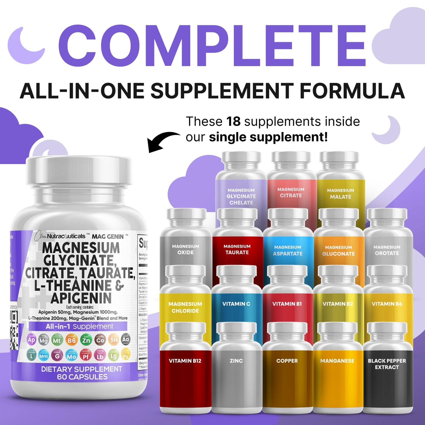 Clean Nutraceuticals Magnesium Glycinate Complex 1000mg with L-Theanine 200mg and Apigenin 50mg Citrate Taurate – 60 Count Pack of 2