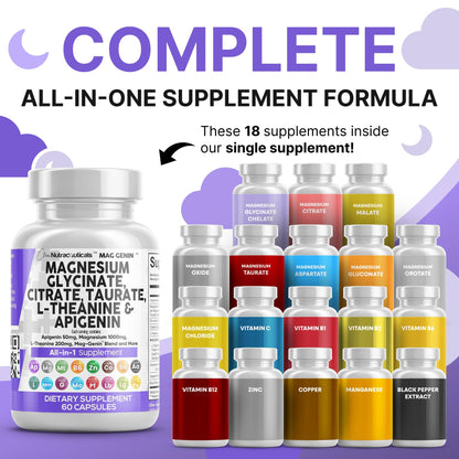 Clean Nutraceuticals Magnesium Glycinate Complex 1000mg with L-Theanine 200mg and Apigenin 50mg Citrate Taurate – 60 Count Pack of 2