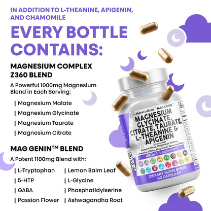 Clean Nutraceuticals Magnesium Glycinate Complex 1000mg with L-Theanine 200mg and Apigenin 50mg Citrate Taurate – 60 Count Pack of 2