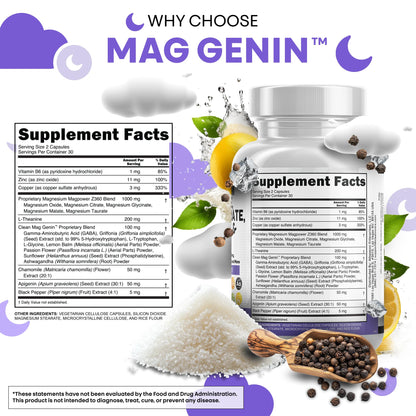 Clean Nutraceuticals Magnesium Glycinate Complex 1000mg with L-Theanine 200mg and Apigenin 50mg Citrate Taurate – 60 Count Pack of 2
