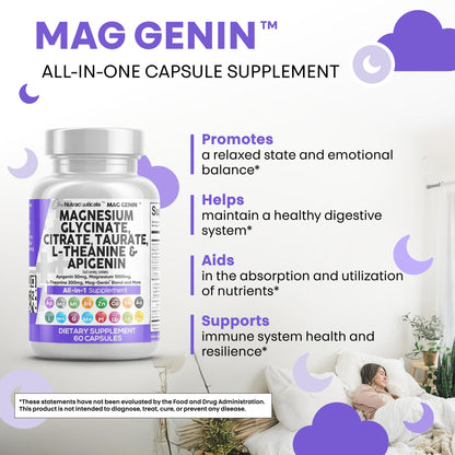Clean Nutraceuticals Magnesium Glycinate Complex 1000mg with L-Theanine 200mg and Apigenin 50mg Citrate Taurate – 60 Count Pack of 2