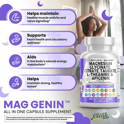 Clean Nutraceuticals Magnesium Glycinate Complex 1000mg with L-Theanine 200mg and Apigenin 50mg Citrate Taurate – 60 Count Pack of 2