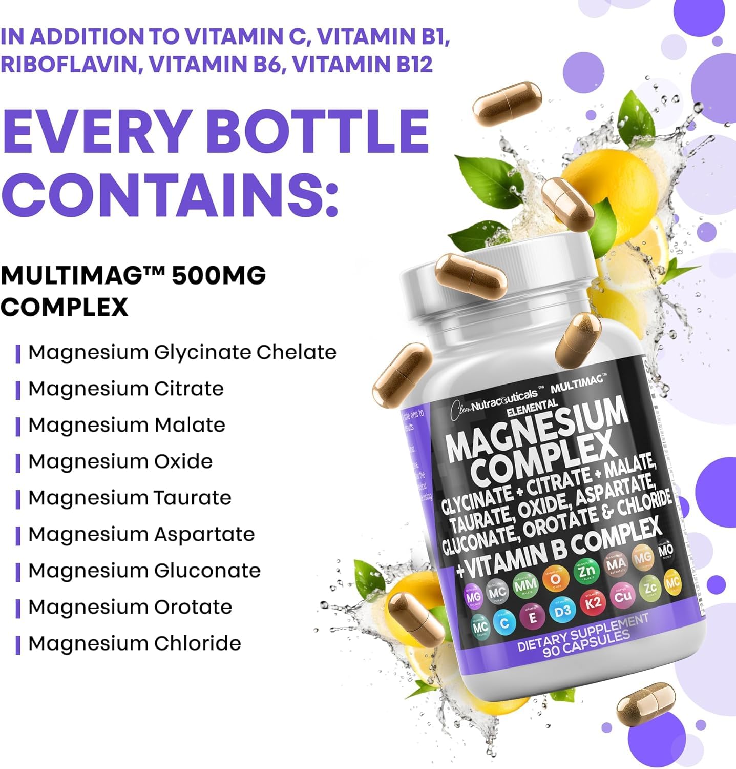 Clean Nutraceuticals MultiMag Magnesium Complex - 9 Magnesium Forms + B Vitamins (180 Capsules, Pack of 2)