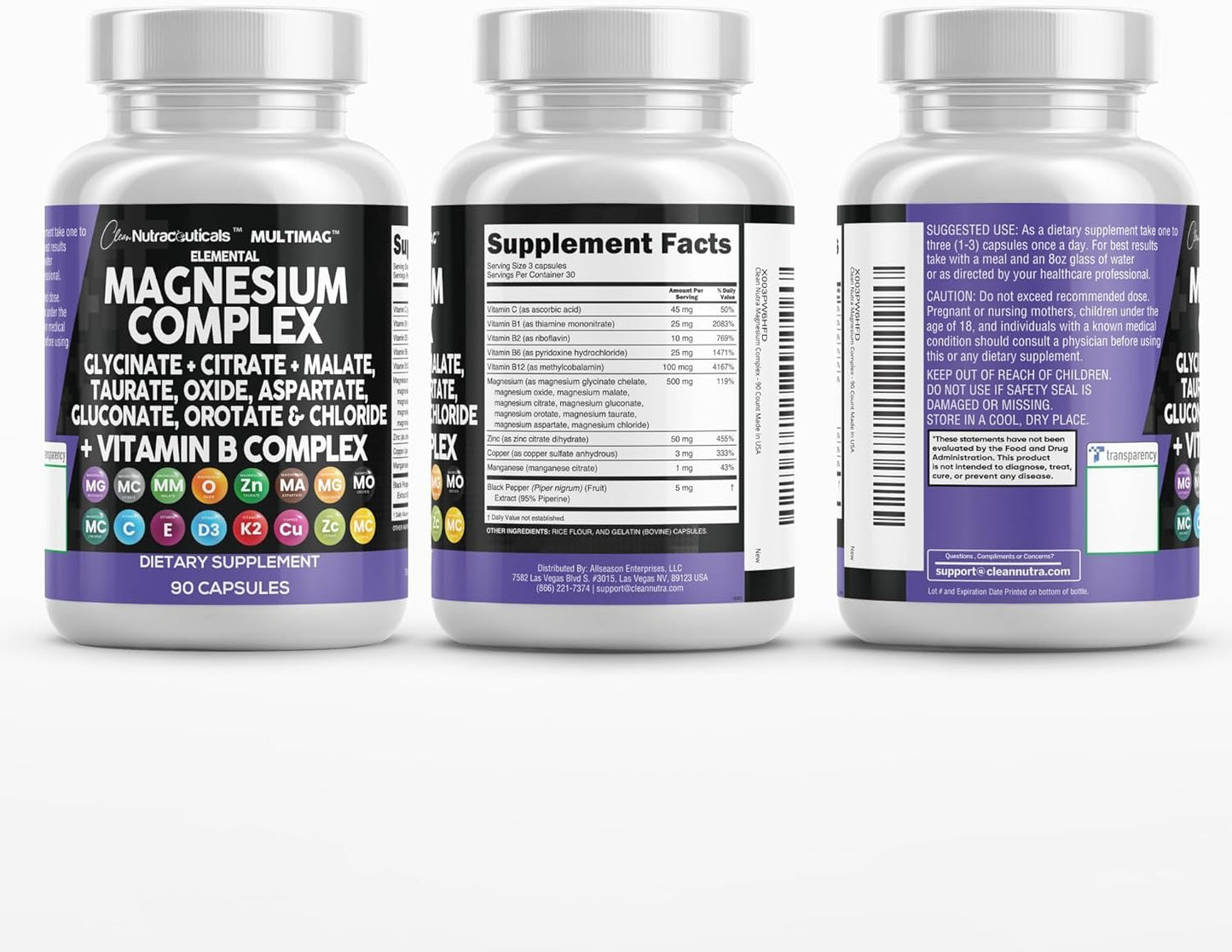 Clean Nutraceuticals MultiMag Magnesium Complex - 9 Magnesium Forms + B Vitamins (180 Capsules, Pack of 2)