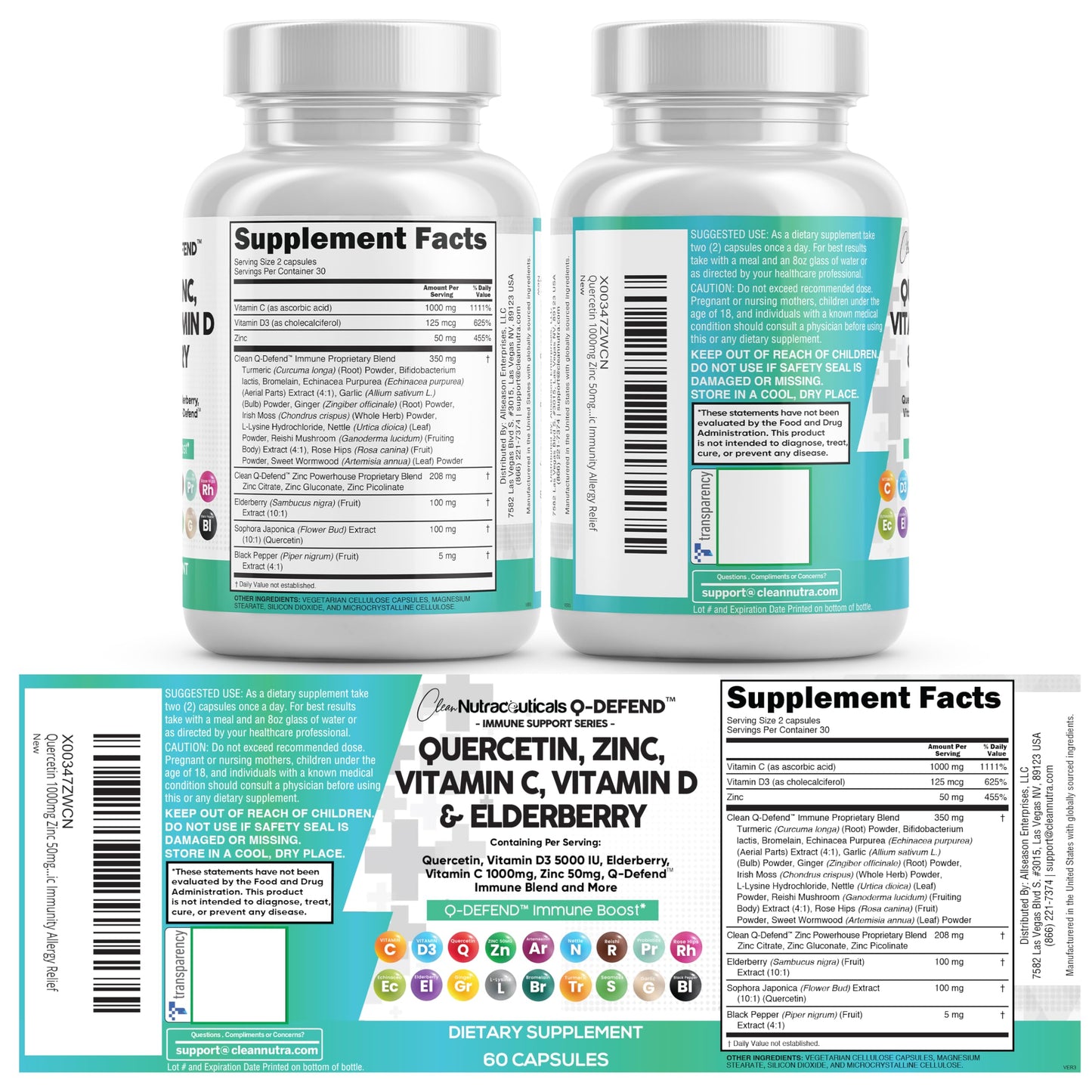 Clean Nutraceuticals Q-Defend Immune Blend: Quercetin, Zinc, Vitamin C & D, Bromelain & Elderberry for Lung Immune Support (60 Count Pack of 5)