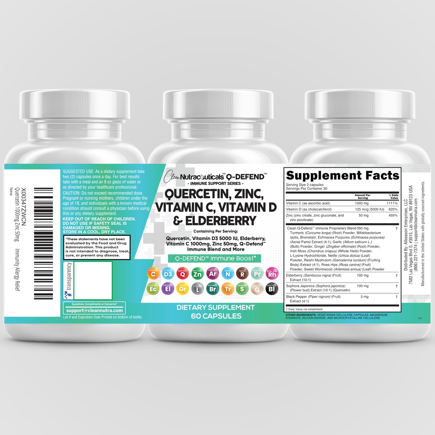 Clean Nutraceuticals Quercetin, Zinc, Vitamin C & D, Bromelain, Elderberry – Lung Immune Support (60 Count x 2)