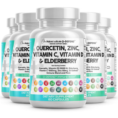 Clean Nutraceuticals Q-Defend Immune Blend: Quercetin, Zinc, Vitamin C & D, Bromelain & Elderberry for Lung Immune Support (60 Count Pack of 5)