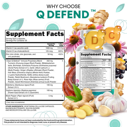 Clean Nutraceuticals Q-Defend Immune Blend: Quercetin, Zinc, Vitamin C & D, Bromelain & Elderberry for Lung Immune Support (60 Count Pack of 5)