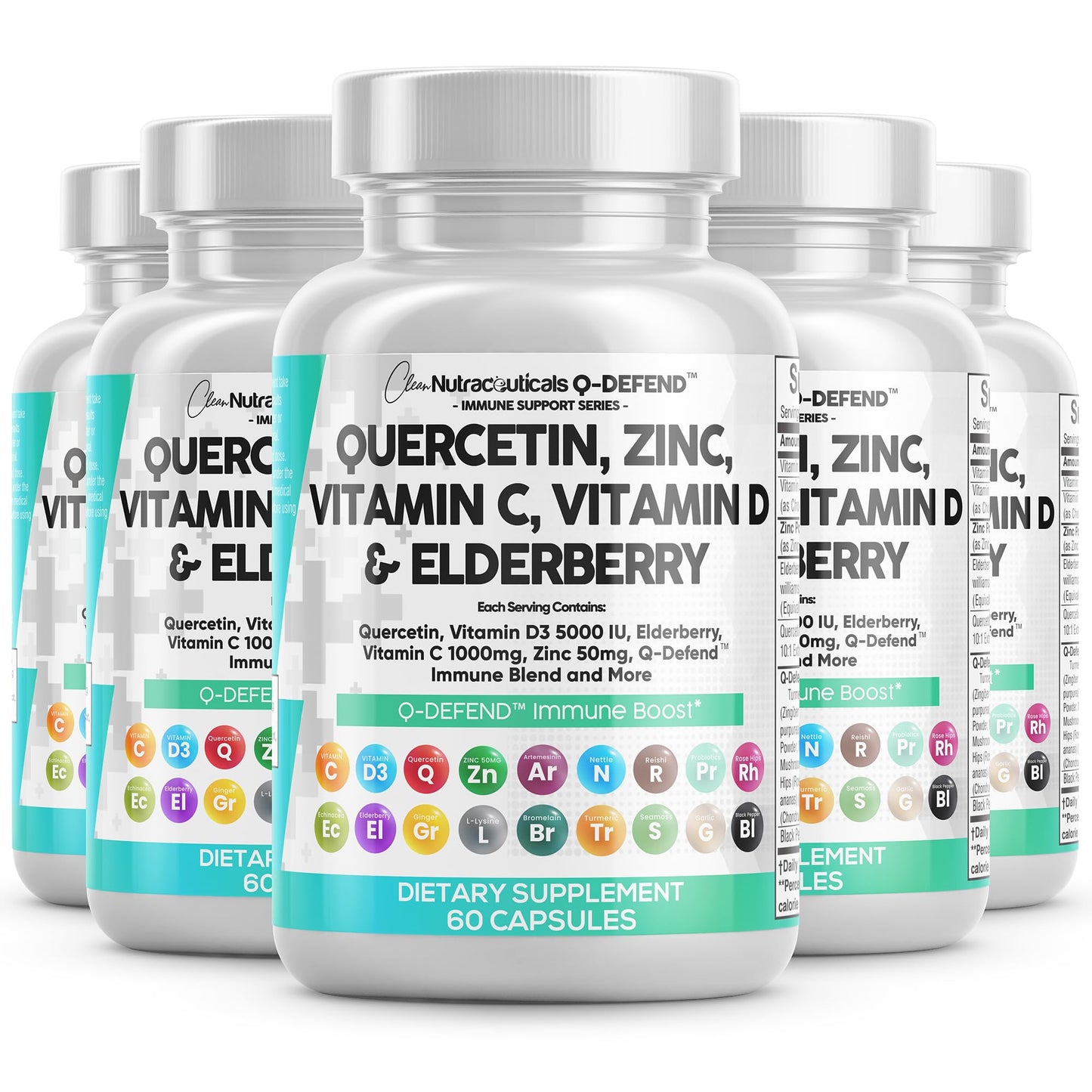 Clean Nutraceuticals Q-Defend Immune Blend: Quercetin, Zinc, Vitamin C & D, Bromelain & Elderberry for Lung Immune Support (60 Count Pack of 5)