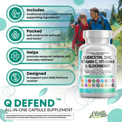 Clean Nutraceuticals Q-Defend Immune Blend: Quercetin, Zinc, Vitamin C & D, Bromelain & Elderberry for Lung Immune Support (60 Count Pack of 5)