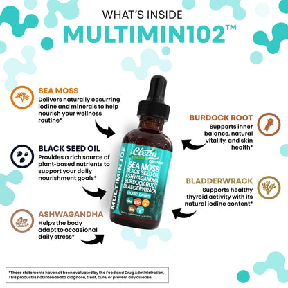 Clean Nutraceuticals Sea Moss Drops – Organic Multimineral Sea Moss Liquid with Ashwagandha & Black Seed Oil