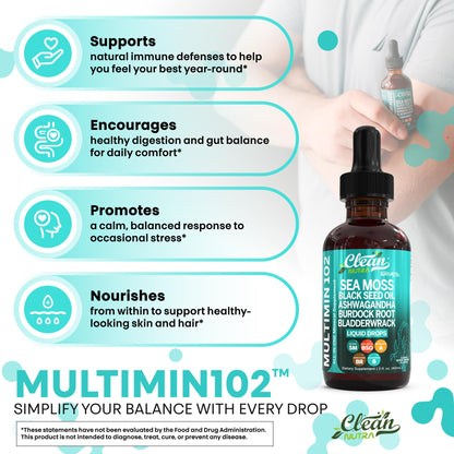 Clean Nutraceuticals Sea Moss Drops – Organic Multimineral Sea Moss Liquid with Ashwagandha & Black Seed Oil