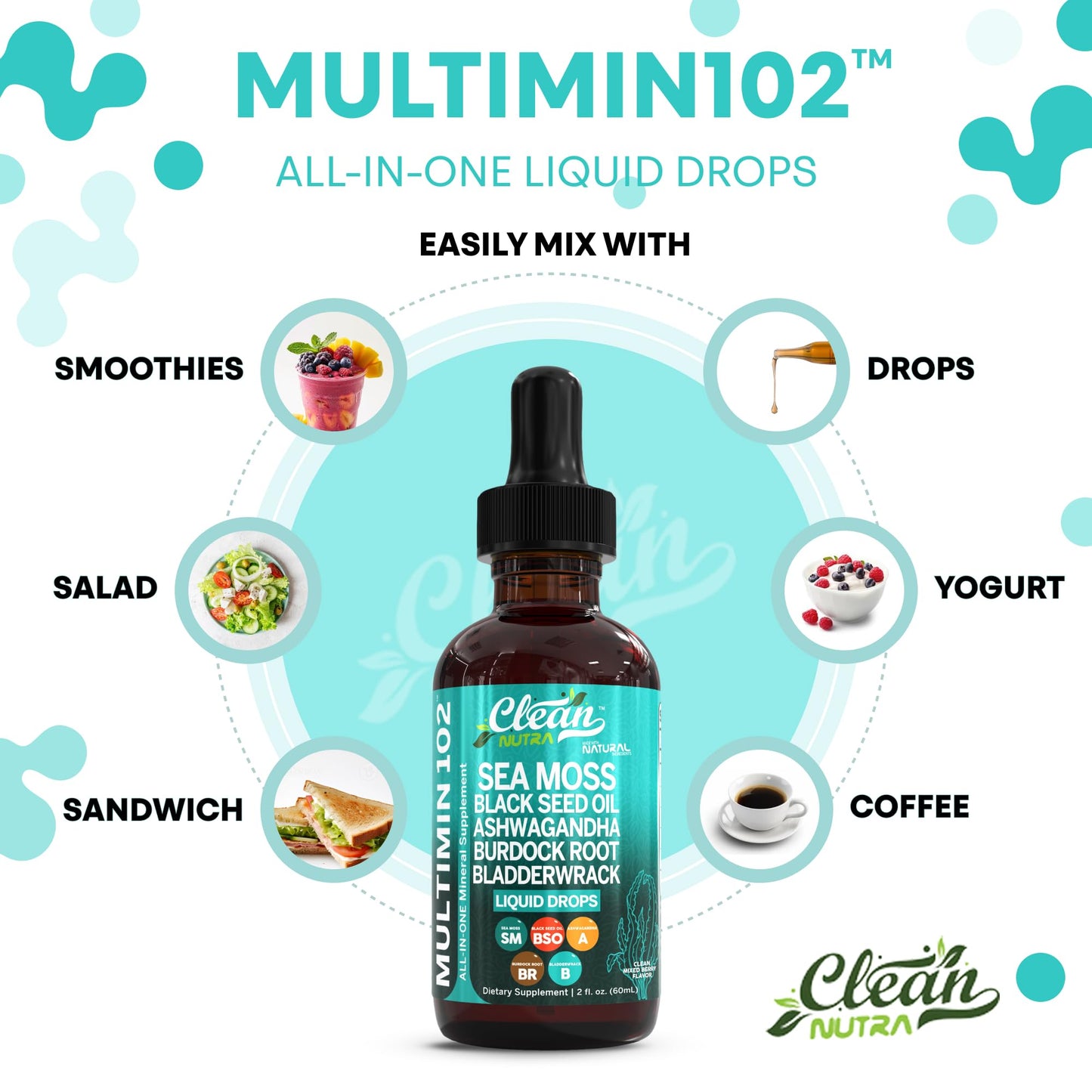 Clean Nutraceuticals Sea Moss Drops – Organic Multimineral Sea Moss Liquid with Ashwagandha & Black Seed Oil