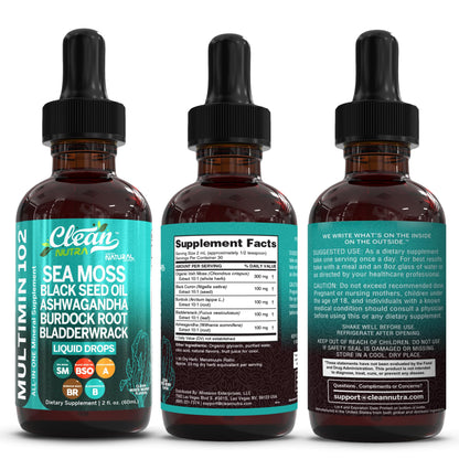 Clean Nutraceuticals Sea Moss Drops – Organic Multimineral Sea Moss Liquid with Ashwagandha & Black Seed Oil