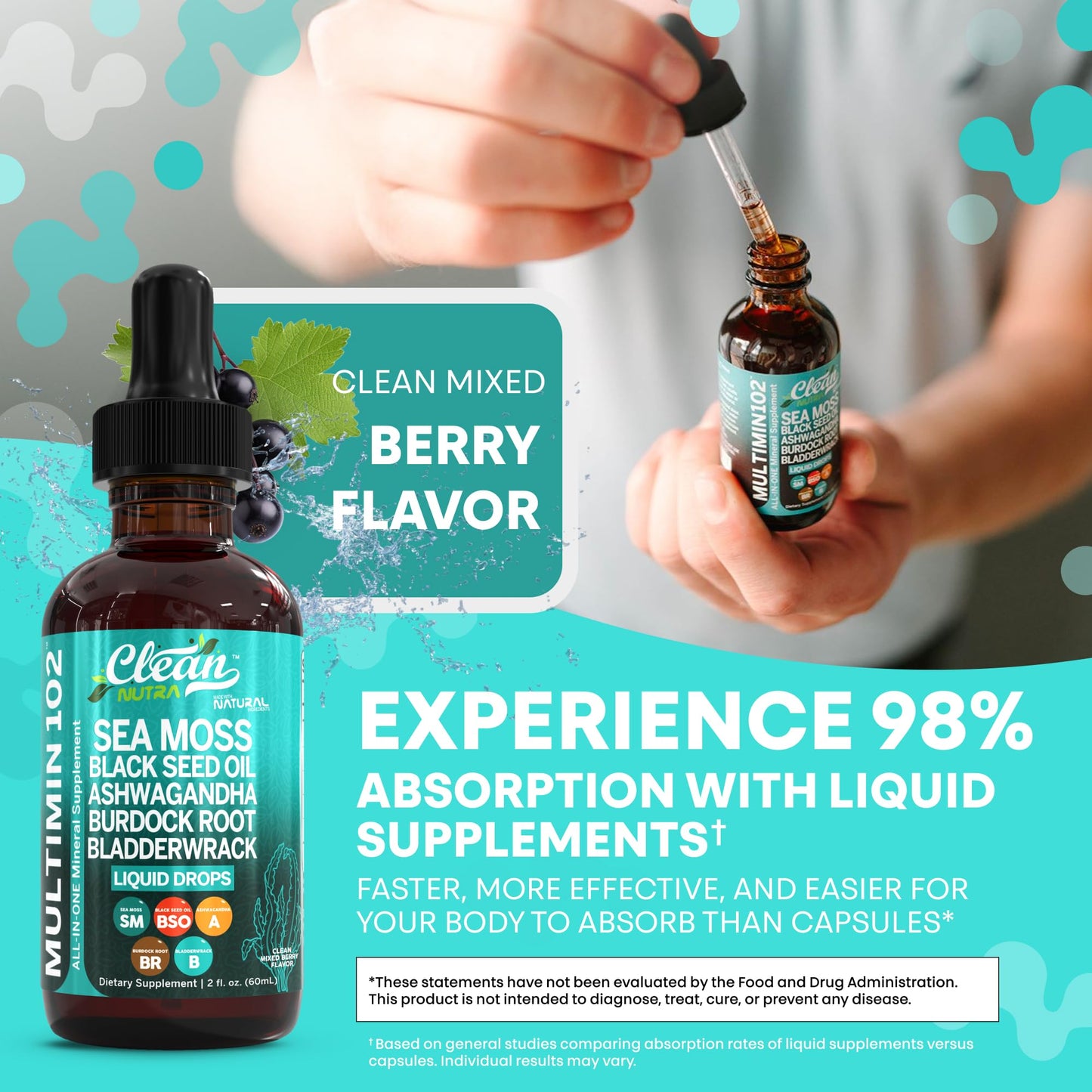 Clean Nutraceuticals Sea Moss Drops – Organic Multimineral Sea Moss Liquid with Ashwagandha & Black Seed Oil