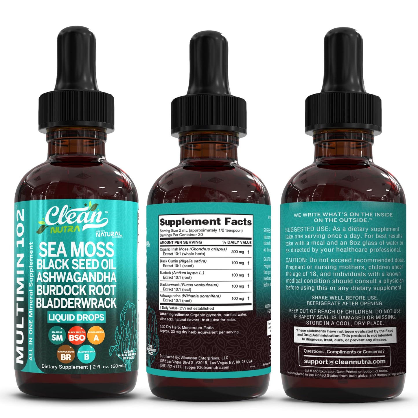 Clean Nutraceuticals Sea Moss Drops – Organic Multimineral Sea Moss Liquid with Ashwagandha & Black Seed Oil
