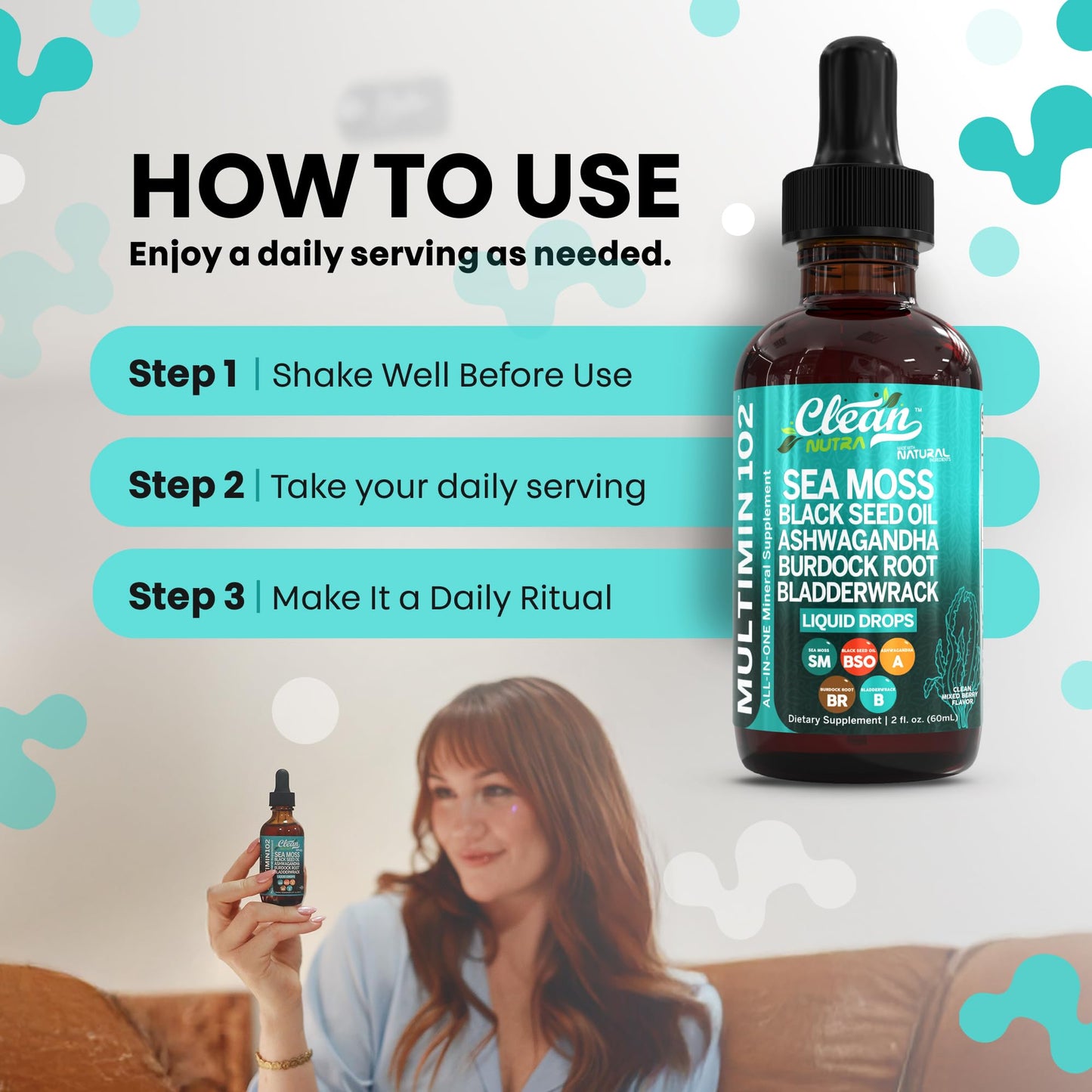 Clean Nutraceuticals Sea Moss Drops – Organic Multimineral Sea Moss Liquid with Ashwagandha & Black Seed Oil