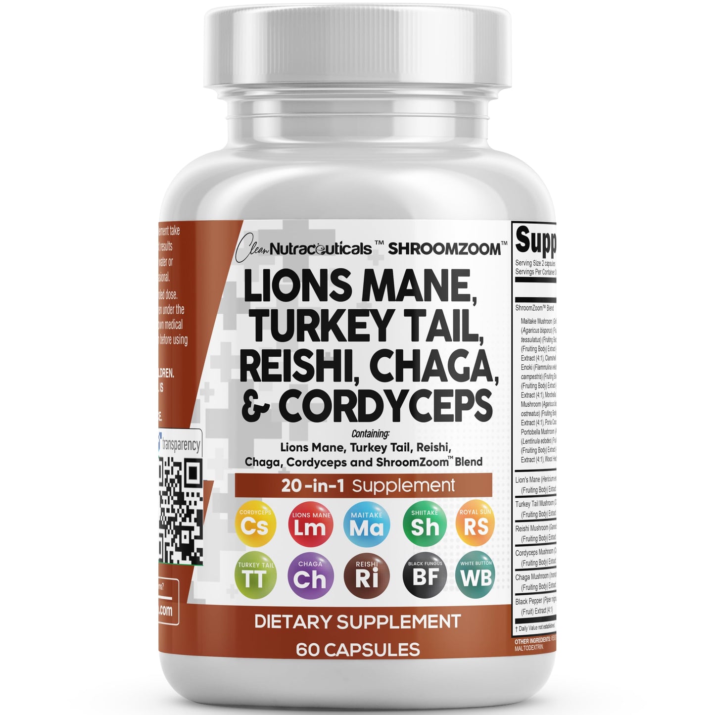 Clean Nutraceuticals 20-in-1 Mushroom Supplement – Lions Mane, Turkey Tail & More (1 Pack)