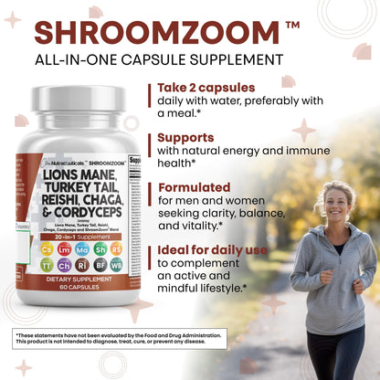 Clean Nutraceuticals 20-in-1 Mushroom Supplement – Lions Mane, Turkey Tail & More (1 Pack)