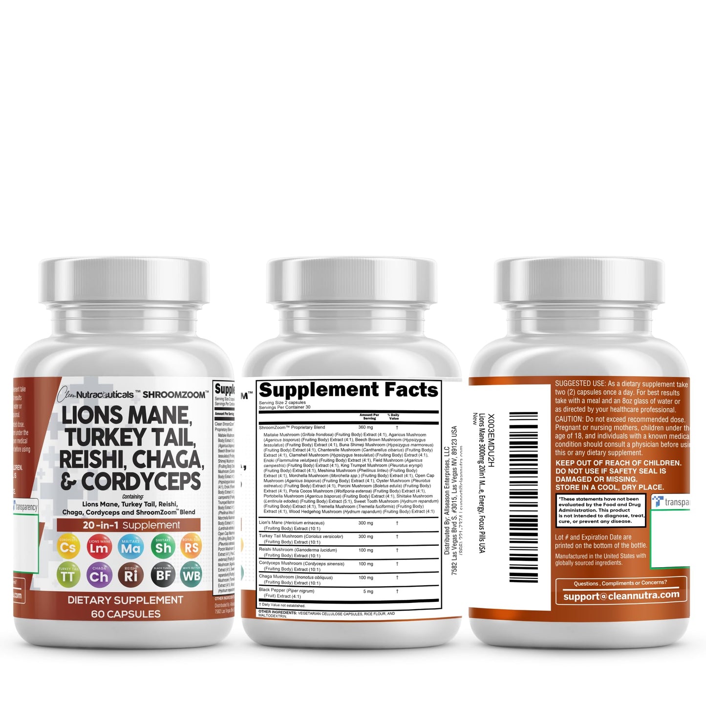 Clean Nutraceuticals 20-in-1 Mushroom Supplement – Lions Mane, Turkey Tail & More (1 Pack)