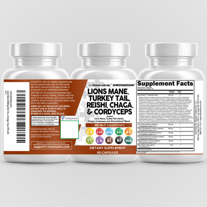 Clean Nutraceuticals 20-in-1 Mushroom Supplement – Lions Mane, Turkey Tail & More (1 Pack)