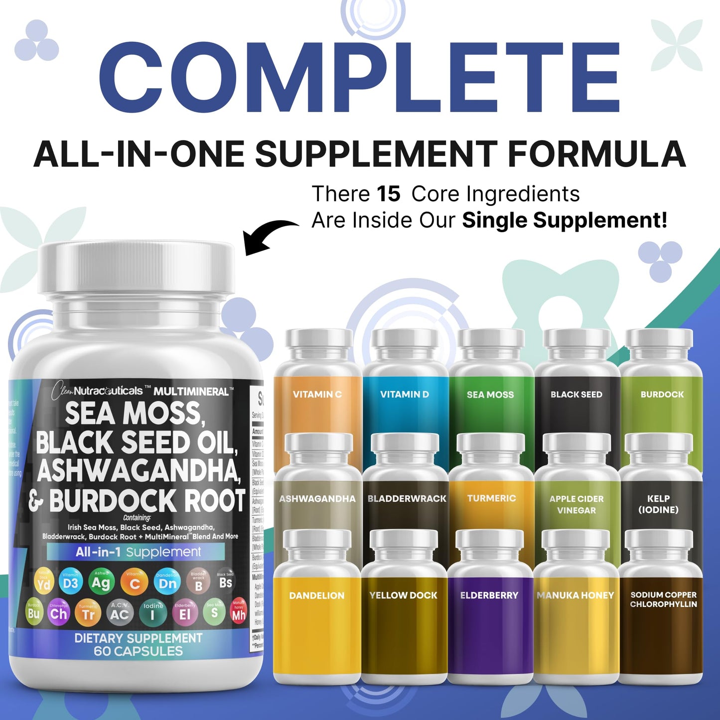 Clean Nutraceuticals 15-in-1 Sea Moss & Black Seed Oil 2-Pack | Ashwagandha Turmeric Blend