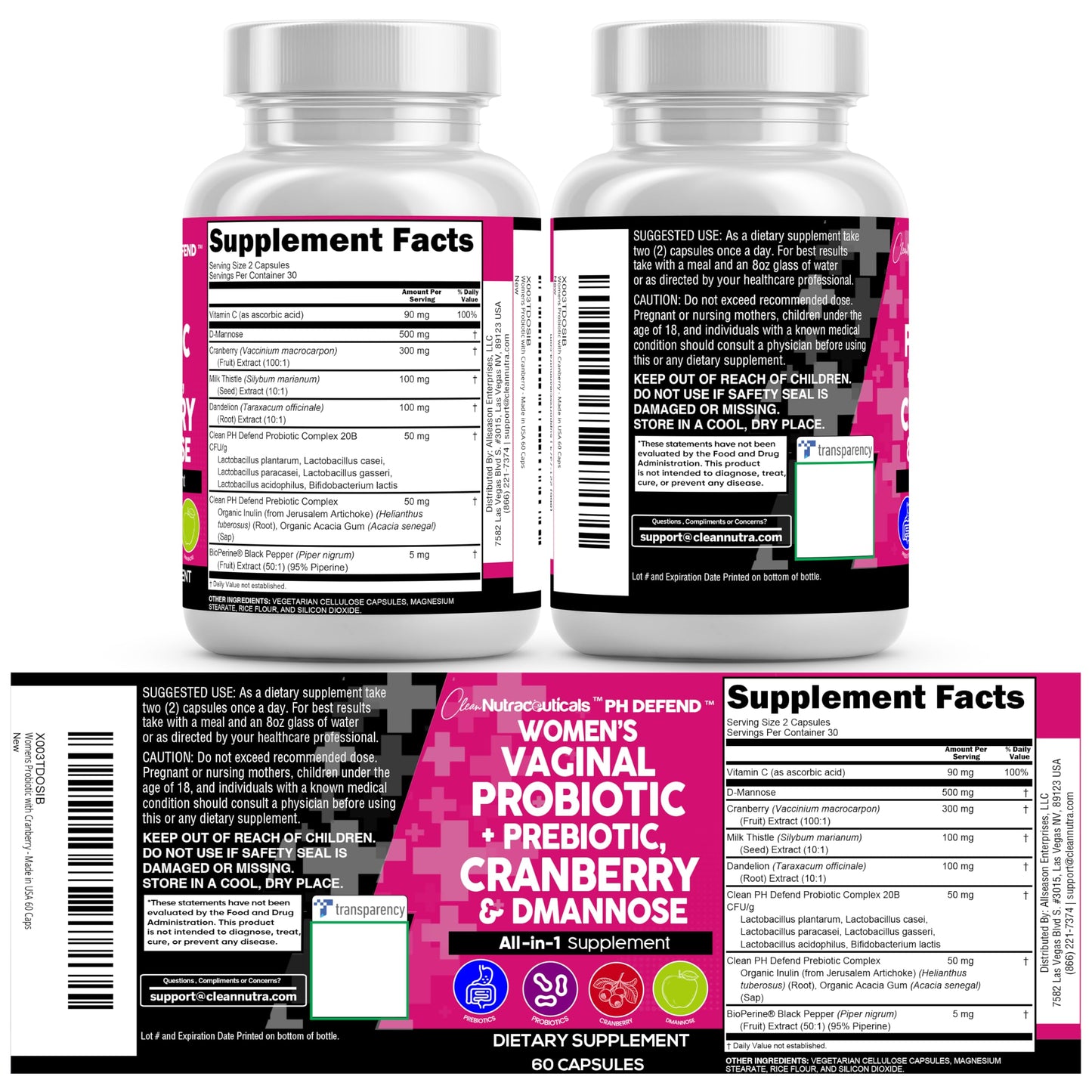 Clean Nutraceuticals Vaginal Probiotics + Prebiotics 20B – Cranberry & D-Mannose Urinary Health, 3-Pack