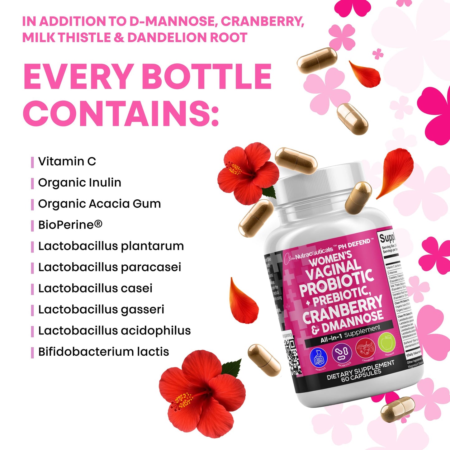 Clean Nutraceuticals Vaginal Probiotics + Prebiotics 20B – Cranberry & D-Mannose Urinary Health, 3-Pack