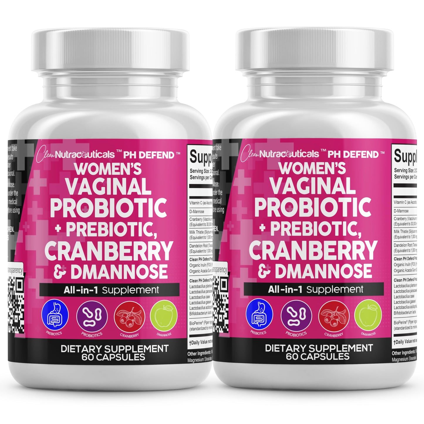 Clean Nutraceuticals Vaginal Probiotics + Prebiotics, 20B CFU Cranberry + D-Mannose Pills – 2-Pack