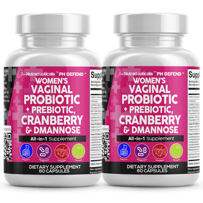 Clean Nutraceuticals Vaginal Probiotics + Prebiotics, 20B CFU Cranberry + D-Mannose Pills – 2-Pack