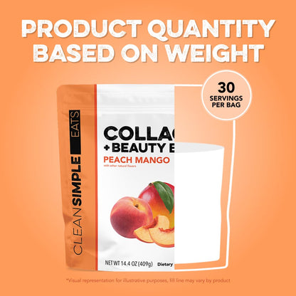 Clean Simple Eats Collagen Powder + Beauty Blend, Peach Mango – 11g Hydrolyzed Collagen, Hyaluronic Acid, 30 Servings