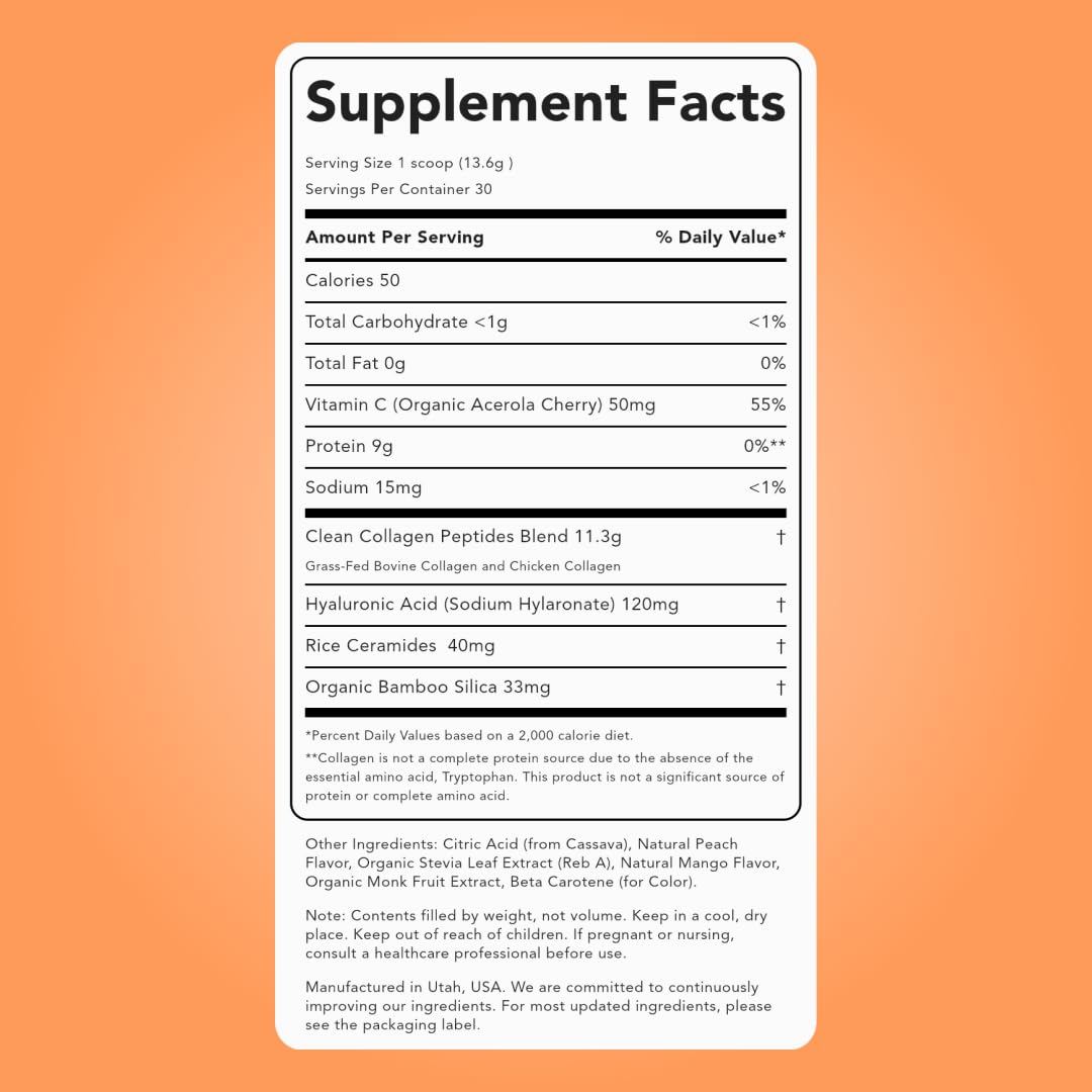 Clean Simple Eats Collagen Powder + Beauty Blend, Peach Mango – 11g Hydrolyzed Collagen, Hyaluronic Acid, 30 Servings