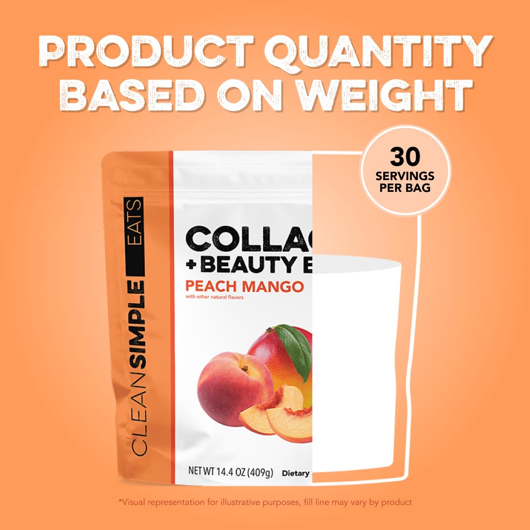 Clean Simple Eats Collagen Powder + Beauty Blend, Peach Mango – 11g Hydrolyzed Collagen, Hyaluronic Acid, 30 Servings