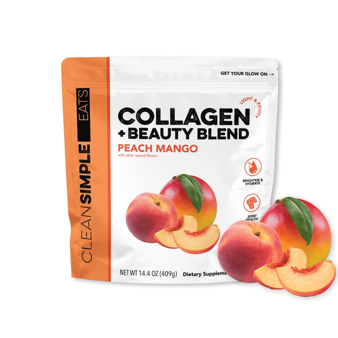 Clean Simple Eats Collagen Powder + Beauty Blend, Peach Mango – 11g Hydrolyzed Collagen, Hyaluronic Acid, 30 Servings