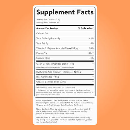 Clean Simple Eats Collagen Powder + Beauty Blend, Peach Mango – 11g Hydrolyzed Collagen, Hyaluronic Acid, 30 Servings