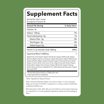 Clean Simple Eats Super Greens Powder – Gluten Free, Naturally Flavored, 30 Servings