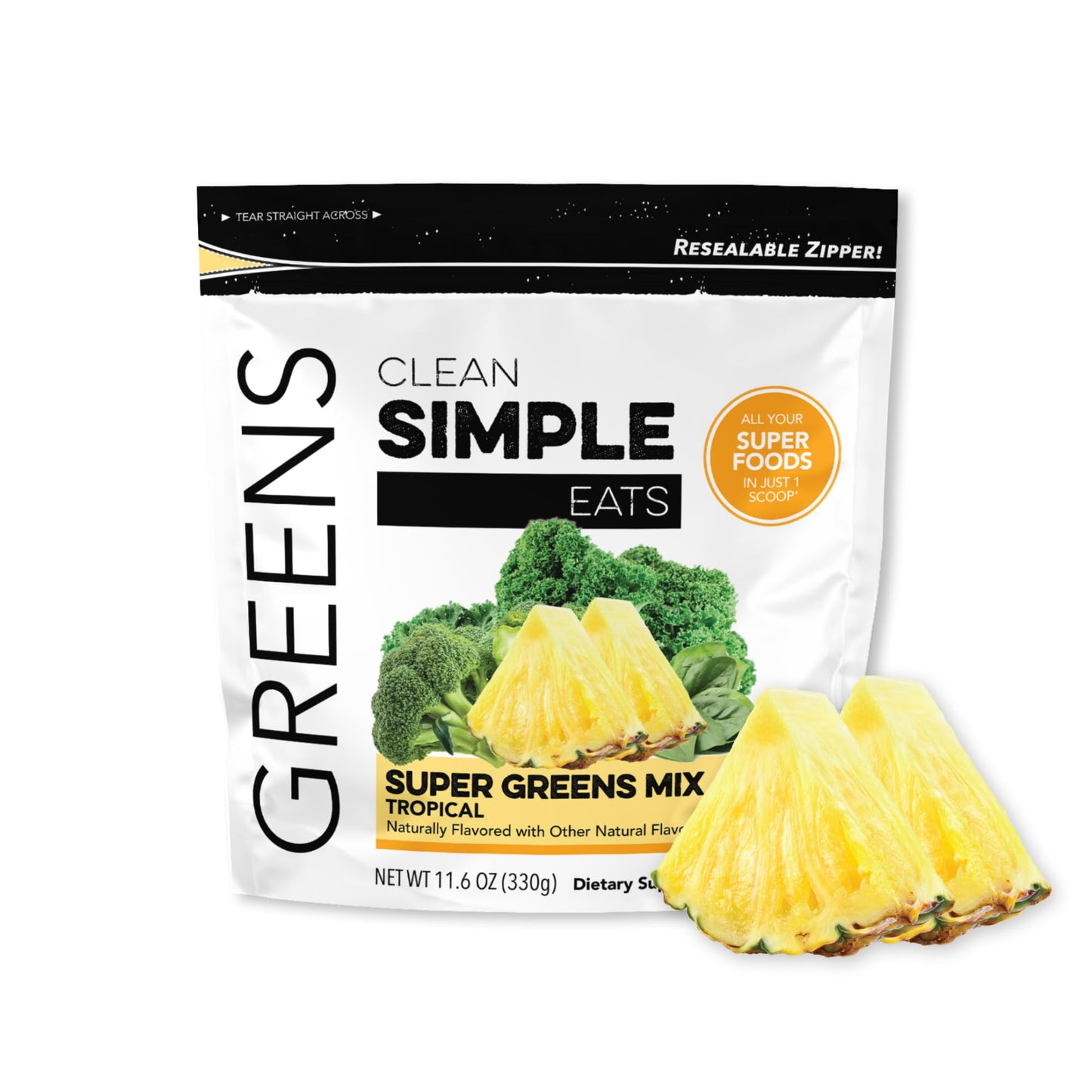 Clean Simple Eats Super Greens Powder – Tropical Greens with Chlorella, Spirulina & Prebiotic Fiber (30 Servings)