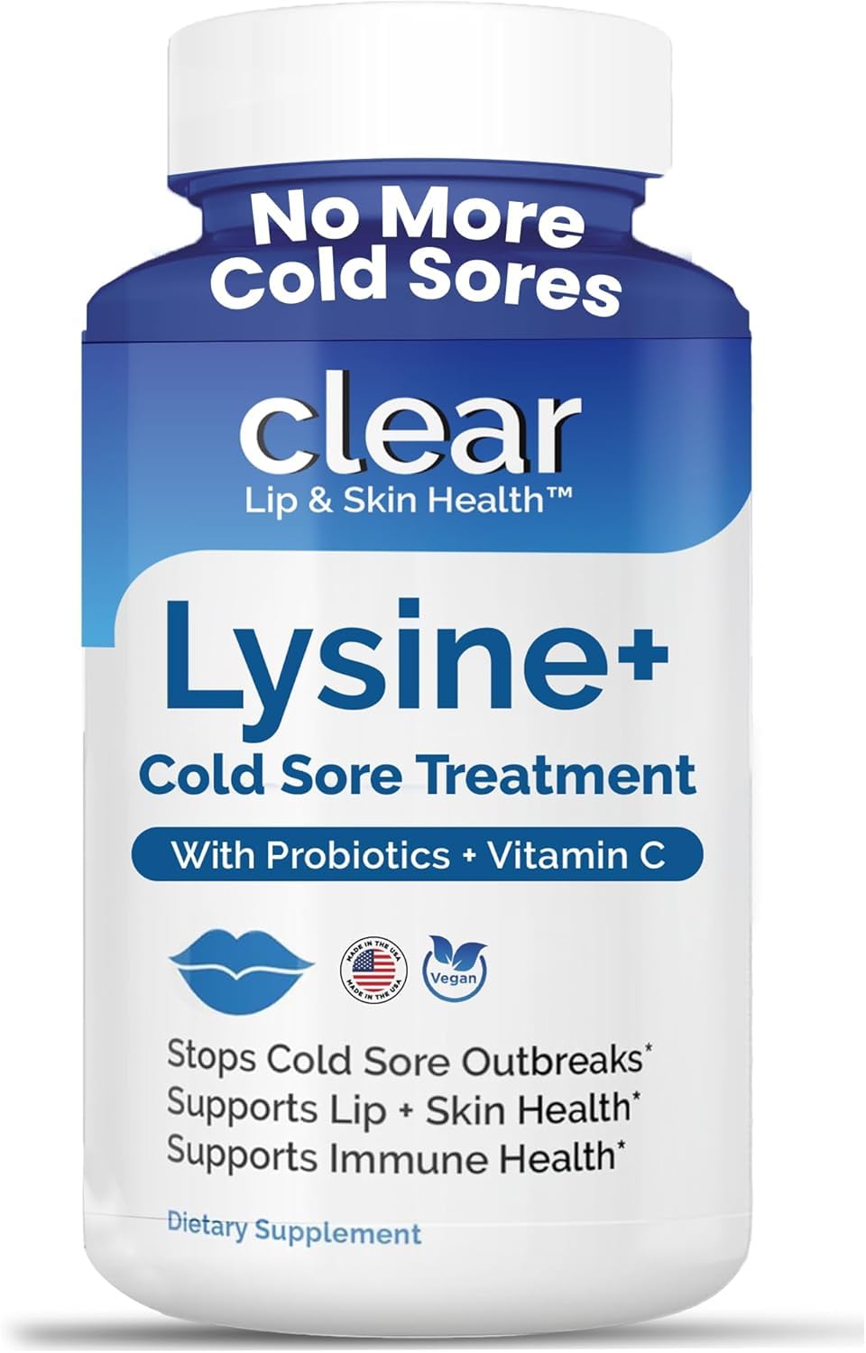 Clear Probiotics Lysine Cold Sore Treatment for Lips – Probiotic Lysine + Vitamin C – 180 Capsules