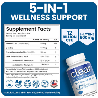 Clear Probiotics Lysine Cold Sore Treatment for Lips – Probiotic Lysine + Vitamin C – 180 Capsules