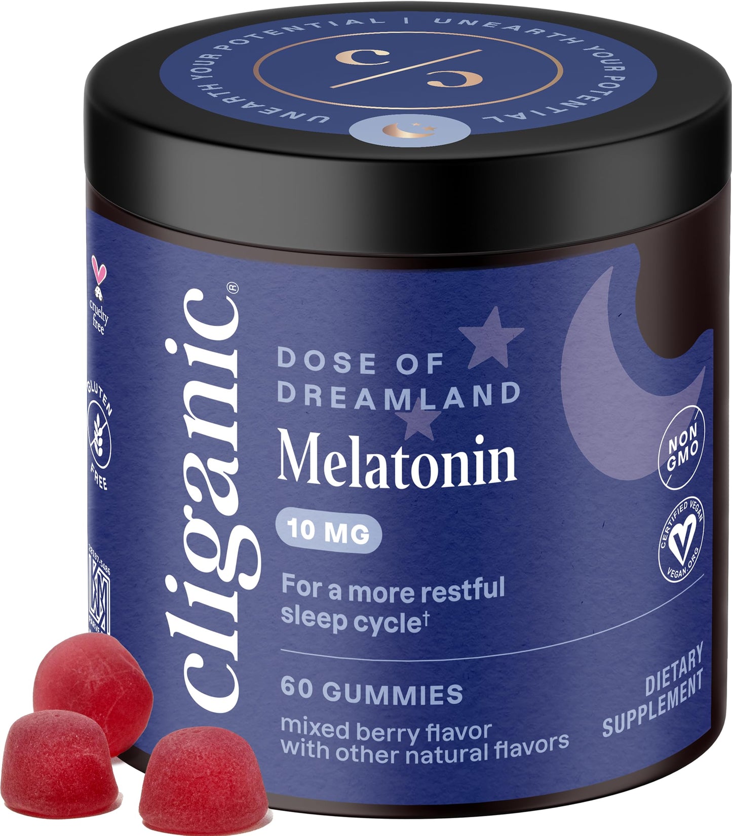 Cliganic Melatonin Gummies 10 mg – 60-Day Sleep Aid, Berry (Vegan, Non-GMO, Kosher, Gluten-Free)