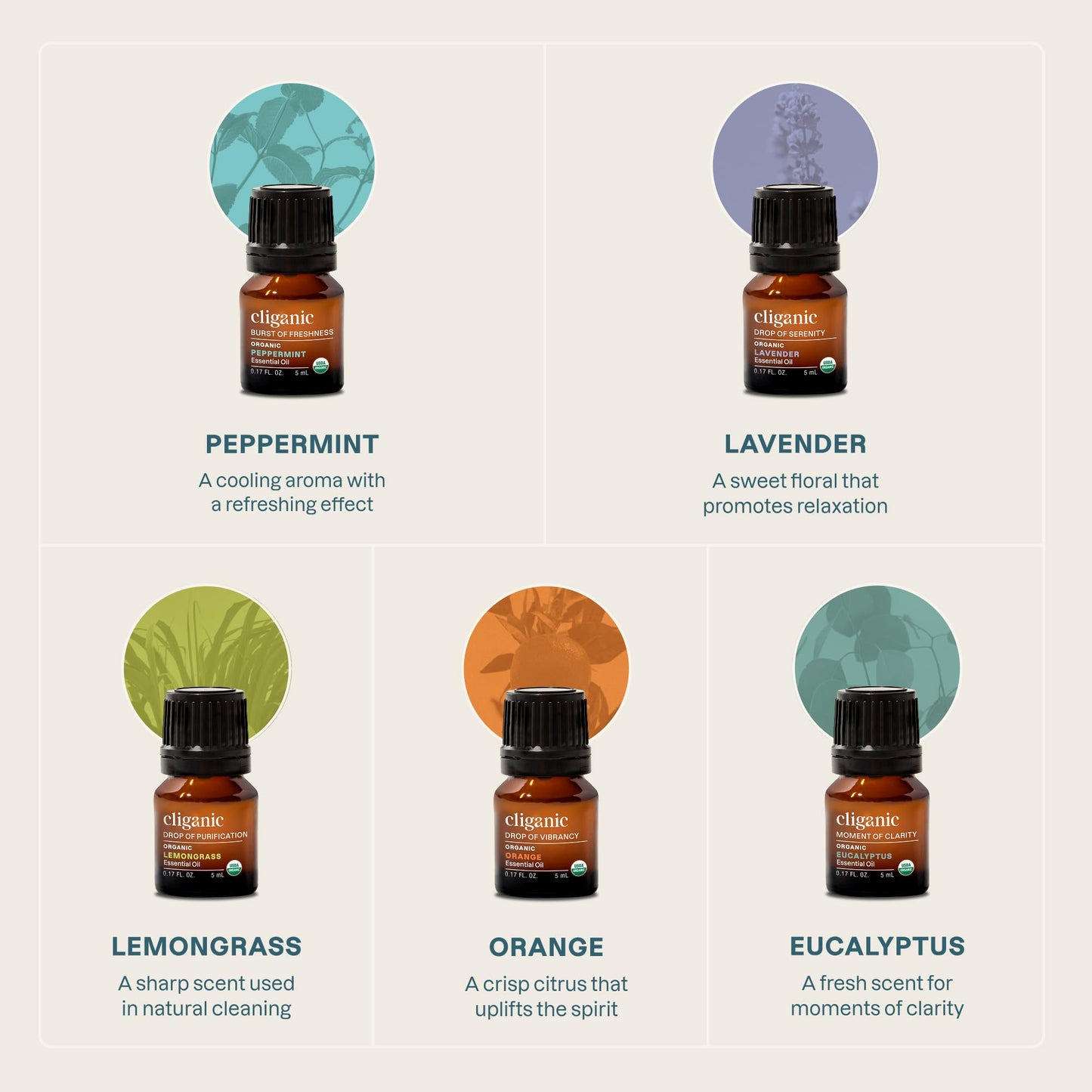 Cliganic Organic Essential Oils Set (Top 5 Classics) – 100% Pure & USDA Organic | Peppermint, Lavender, Eucalyptus, Lemongrass & Orange