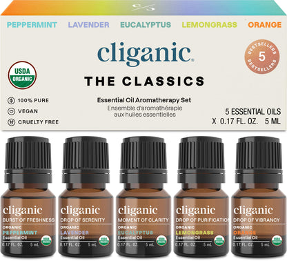 Cliganic Organic Essential Oils Set (Top 5 Classics) – 100% Pure & USDA Organic | Peppermint, Lavender, Eucalyptus, Lemongrass & Orange