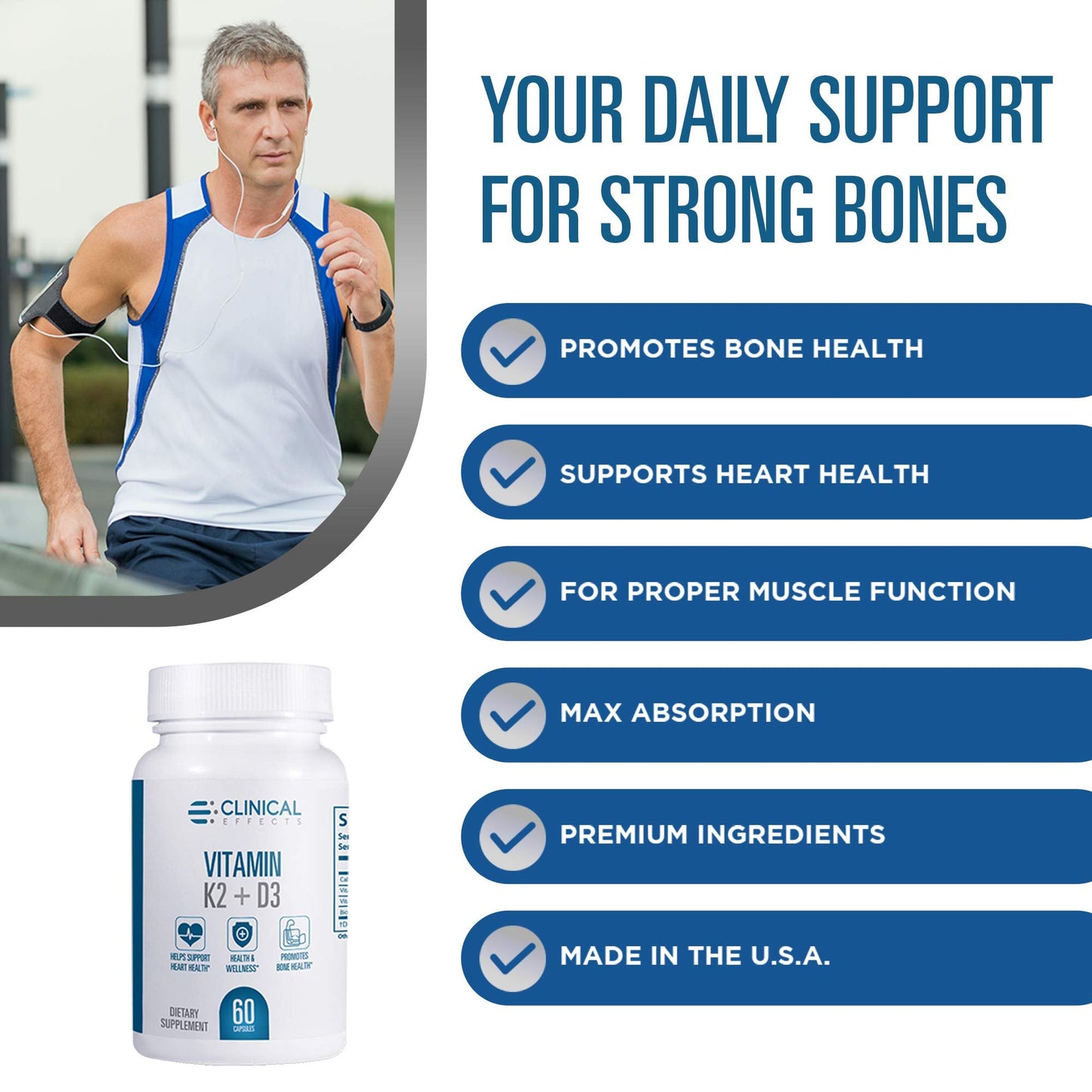 Clinical Effects Vitamin K2 + D3 | Max Absorption Bone & Heart Support | 3 Pack | Made in USA