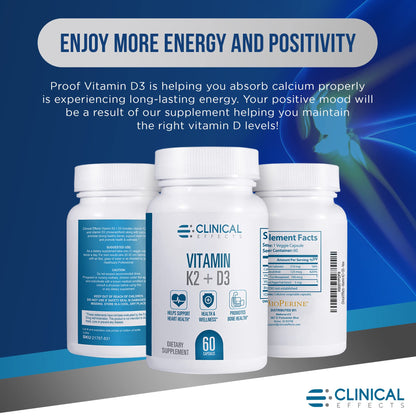 Clinical Effects Vitamin K2 + D3 | Max Absorption Bone & Heart Support | 3 Pack | Made in USA