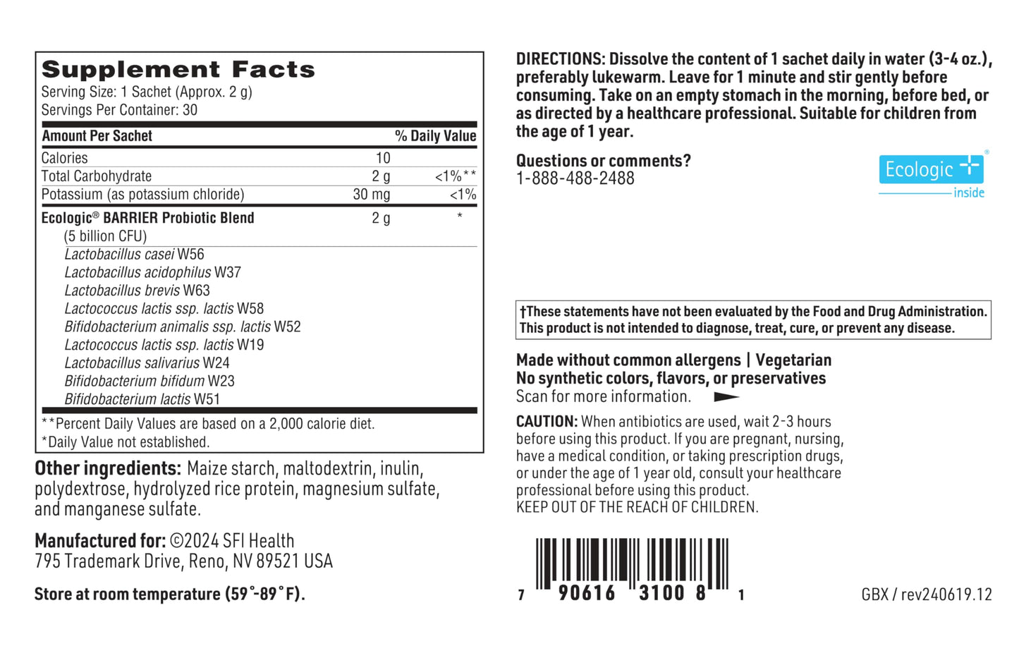 Klaire Labs SFI Health Probiotic Powder – 30 Packets, Shelf-Stable, Hypoallergenic