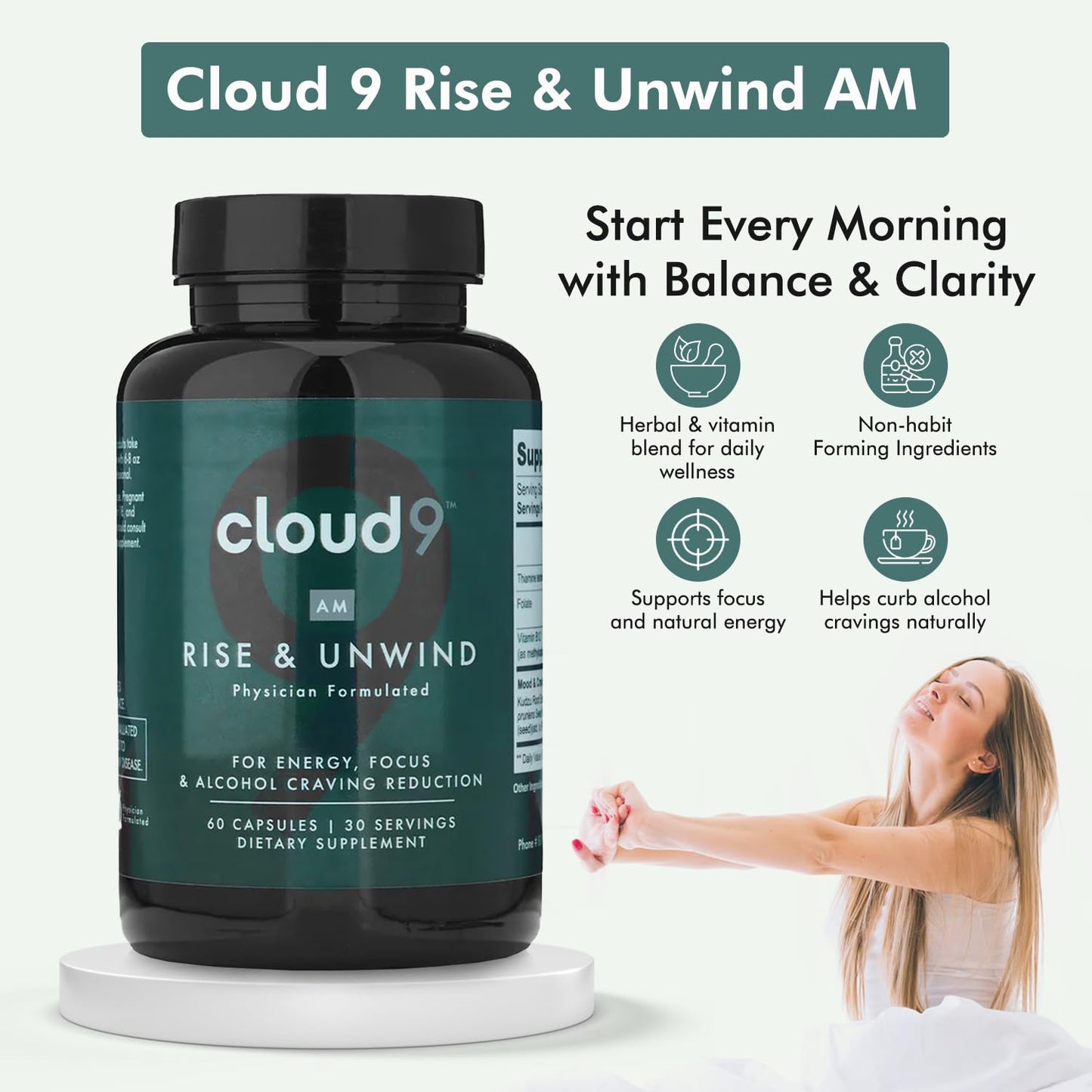 Cloud9 Rise & Unwind AM – Morning Wellness Supplement for Energy, Focus & Vitality (60 Capsules)