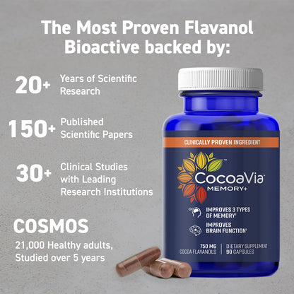 CocoaVia Memory+ Brain Supplement - 90 Day, 750 mg Cocoa Flavanols, Vegan & Gluten Free, 3-Pack