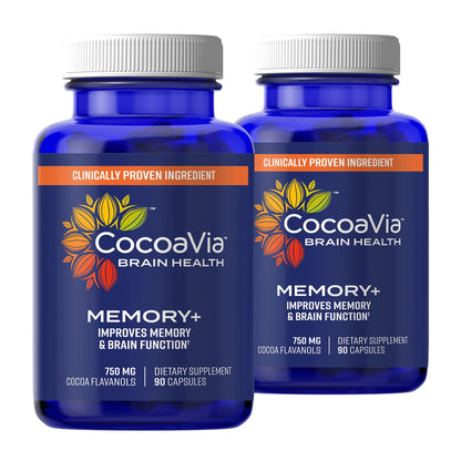 Memory+ Brain Supplement by CocoaVia | Clinically Proven 750 mg Cocoa Flavanols, Sugar Free, Vegan, 60-Day Supply