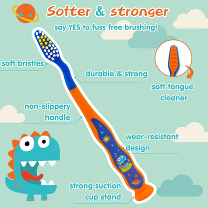 COCOBURI Dinosaurs 4-Piece Kids Toothbrush Set - Travel Cup, Cap & Carry Bag